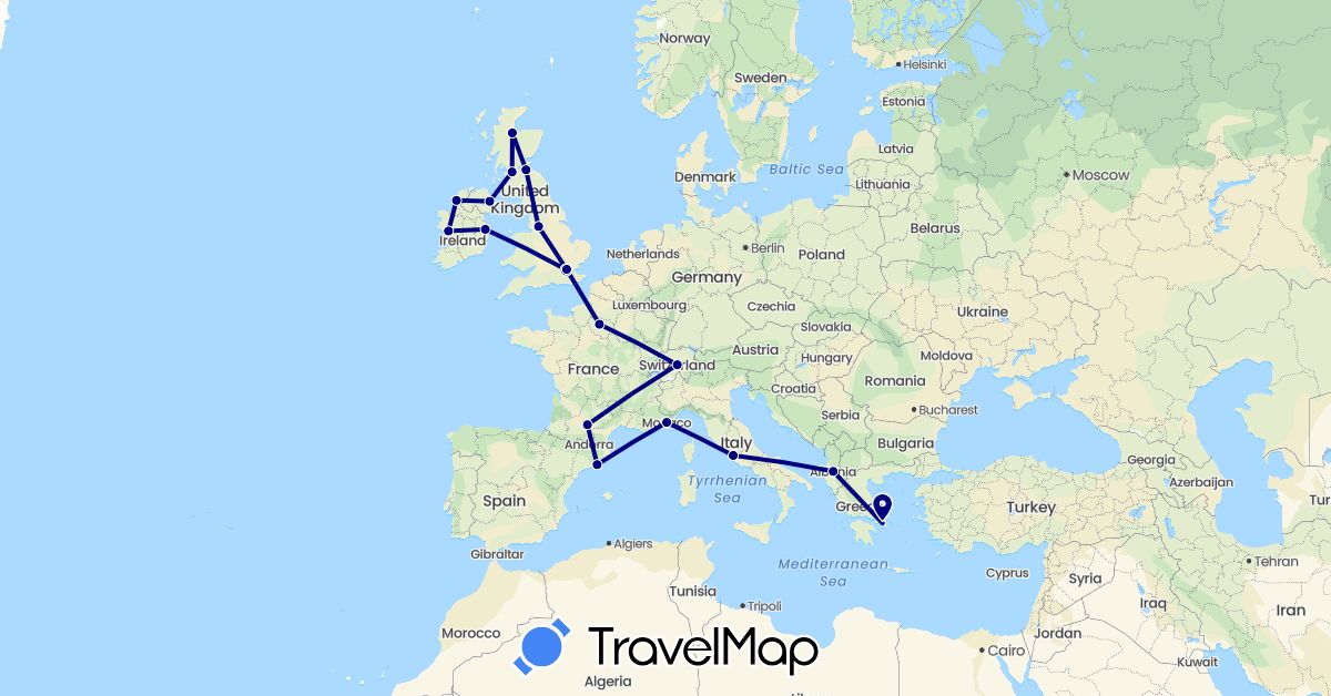 TravelMap itinerary: driving in Spain, France, United Kingdom, Greece, Ireland, Monaco, Vatican City (Europe)